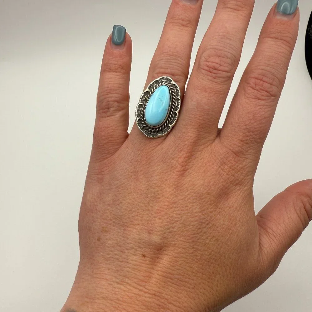Navajo Sterling Turquoise Ring — artist-stamped F - Freda Martinez, Size 7